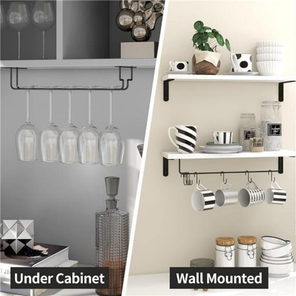 Coffee bar wall shelf set of 2 with hooks floating mug rack wine glass holder - Picture 6 of 7